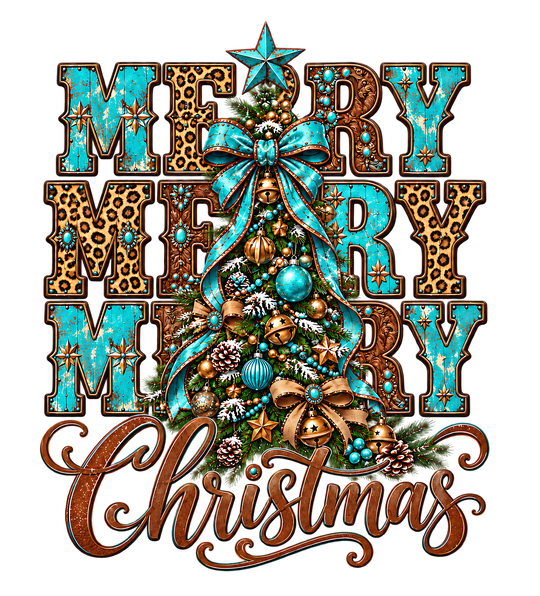 Western Turquoise Merry Christmas Tree DTF print