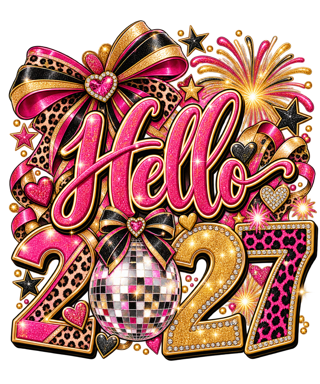 Hello 2027 Pink Leopard Disco DTF print