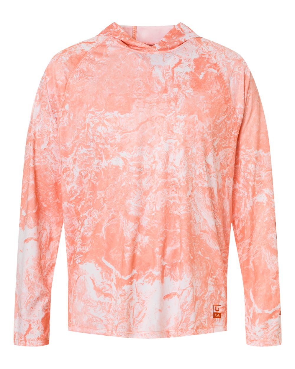 Huk H12L0047 Men's Pursuit Mossy Oak Printed Hooded Long Sleeve T-Shirt Coral Reef