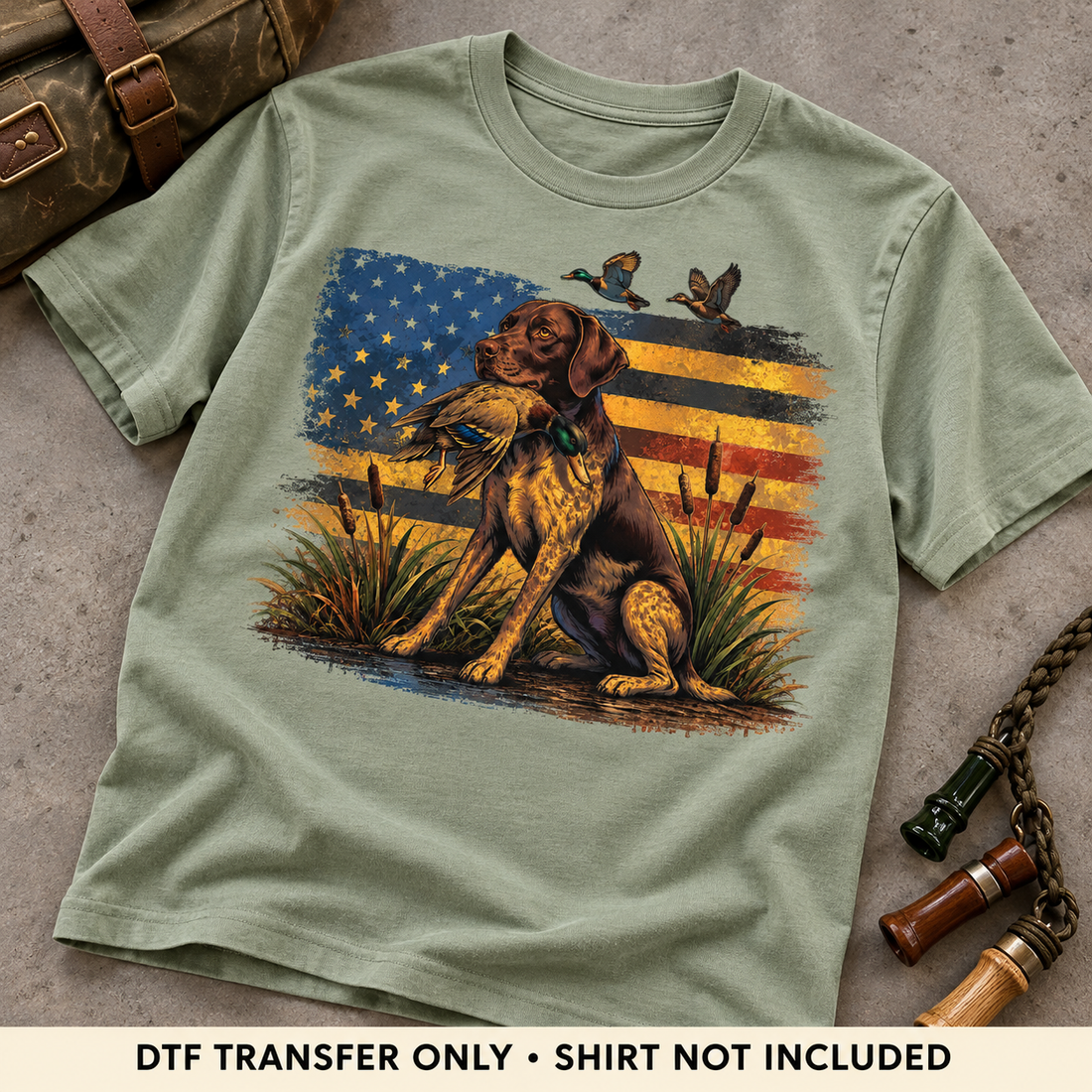 TPD styled mockup v2 — American Flag Duck Hunting Dog DTF Transfer — shirt not included