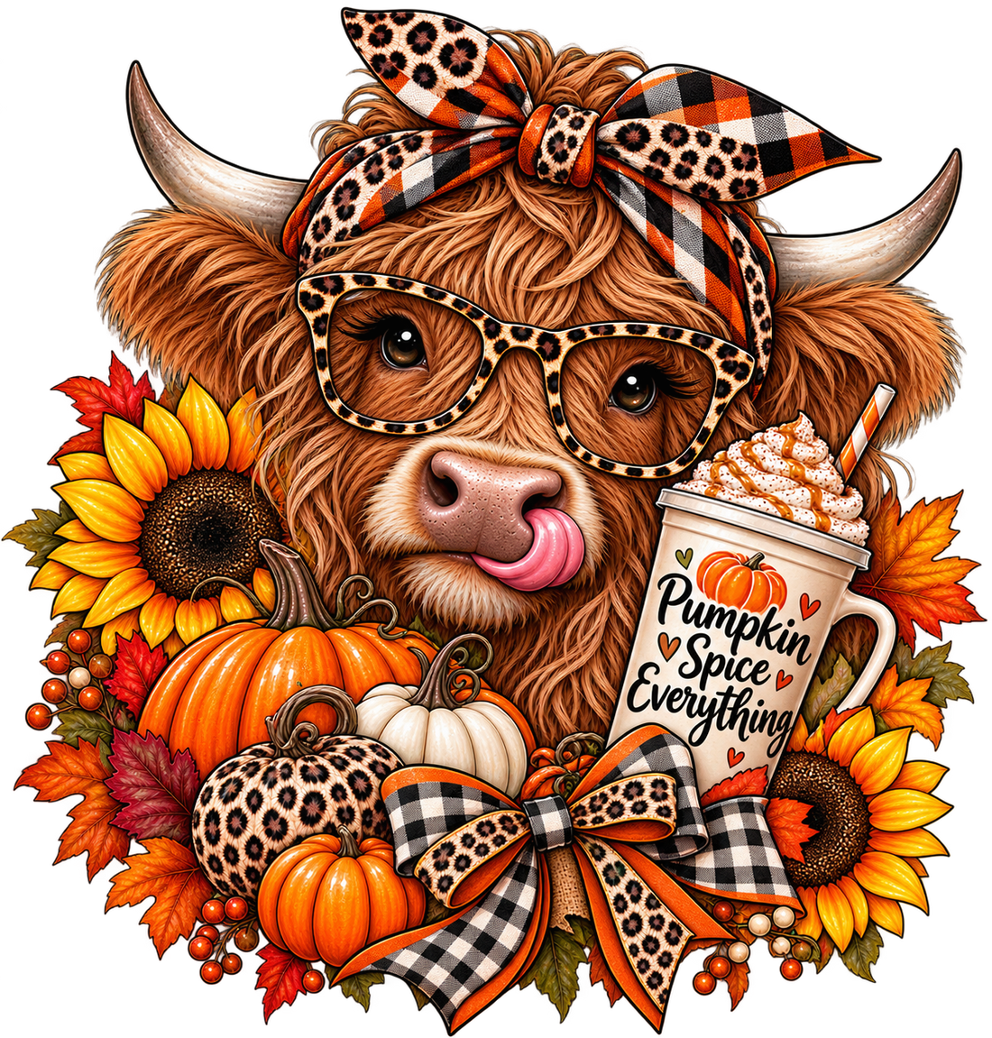 Pumpkin Spice Highland Cow Leopard DTF Transfer