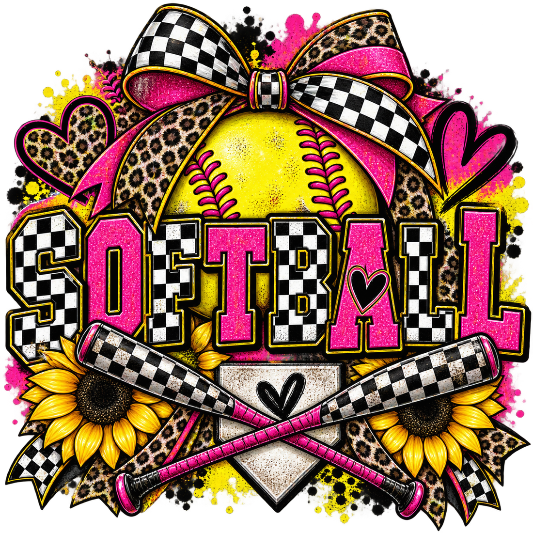Softball Heart Checkered Bow