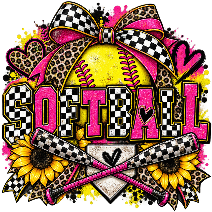 Softball Heart Checkered Bow