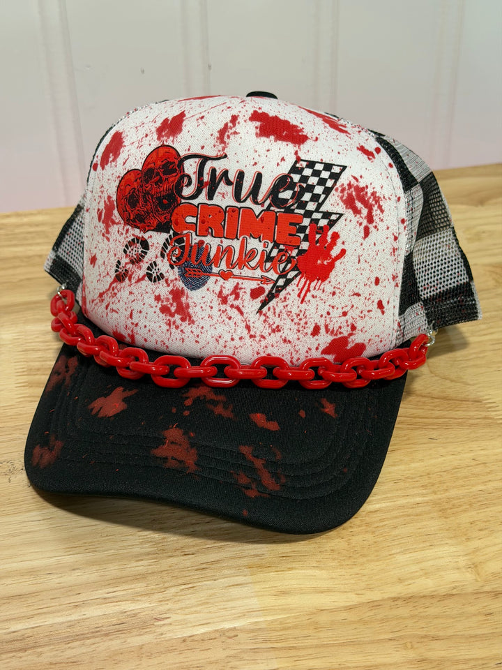 True Crime Junkie red chain Trucker Cap