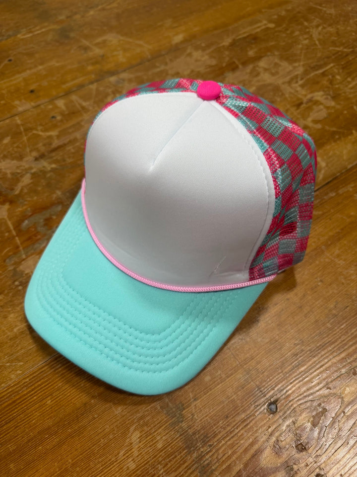 Mint Pink Plaid Trucker Cap Blank