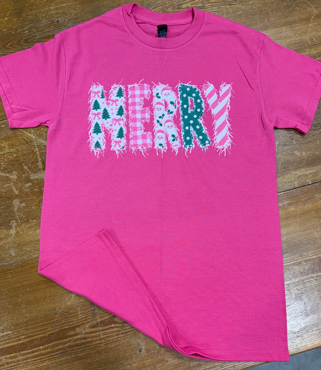 Merry Patchwork Christmas Pink Tee T-Shirt