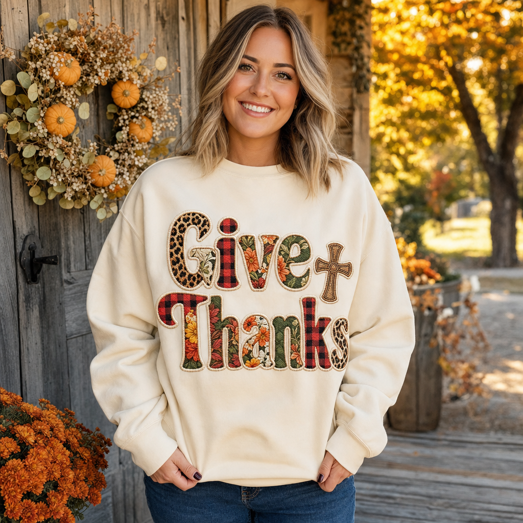 Give Thanks Faux Embroidery DTF Transfer