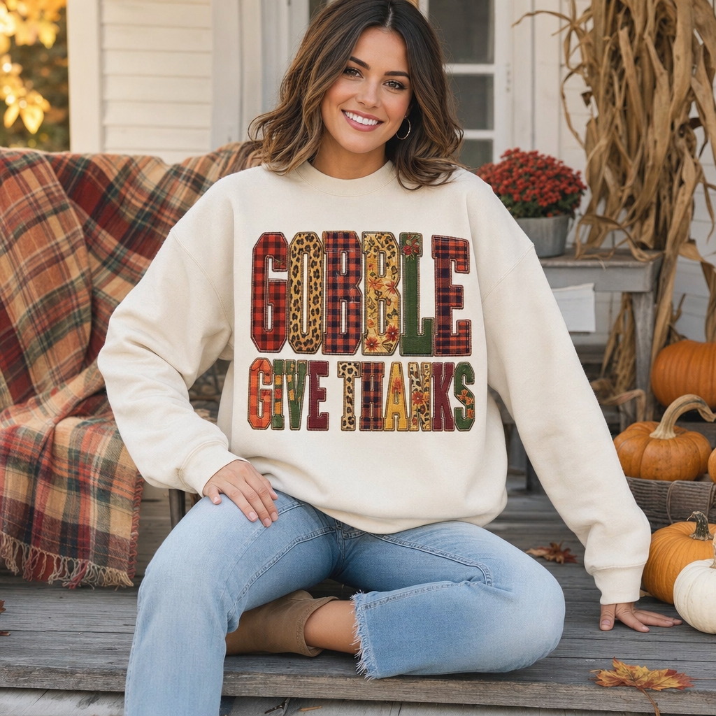 Gobble Give Thanks Faux Embroidery DTF Transfer