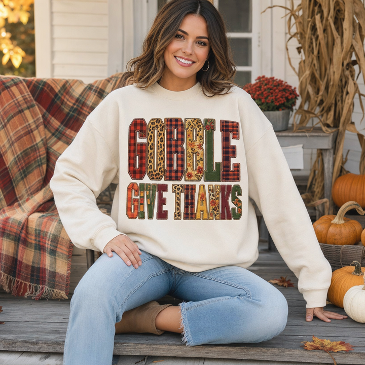 Gobble Give Thanks Faux Embroidery DTF Transfer