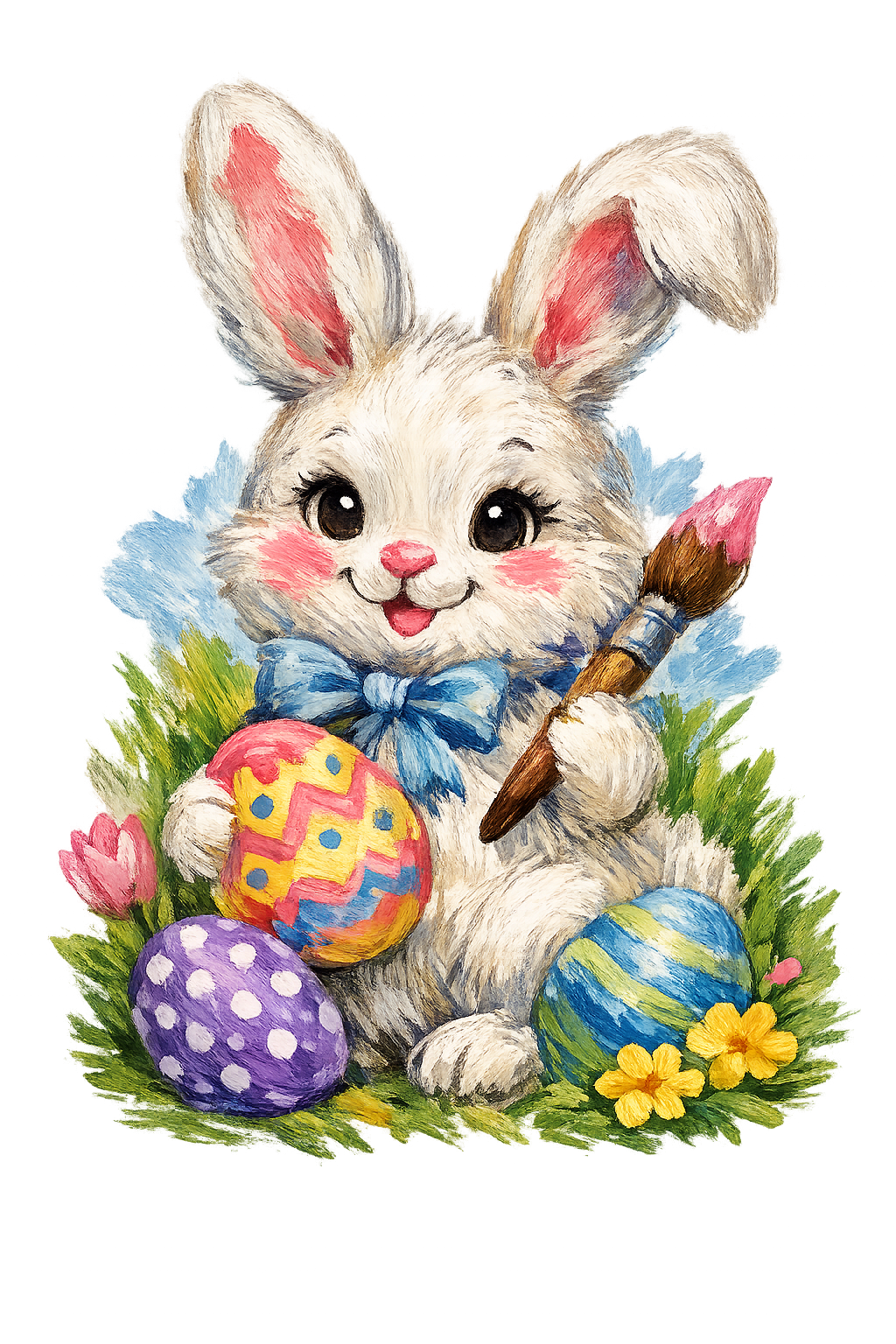 Easter Bunny With Paintbrush And Eggs