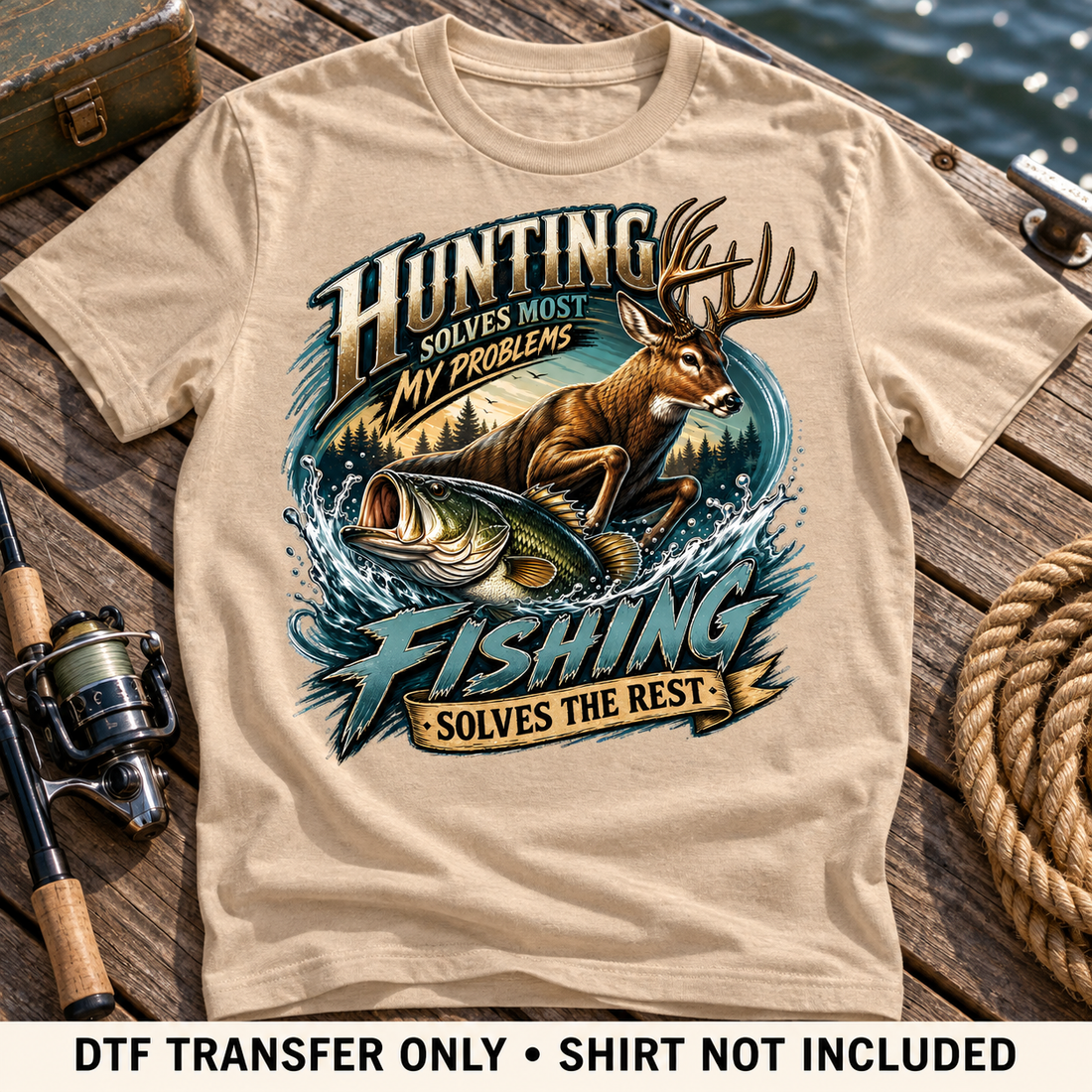 TPD styled mockup v2 — Hunting And Fishing Solves It DTF Transfer — shirt not included