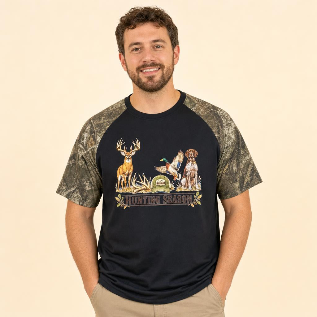 Hunting Season Camo black dri fit tee