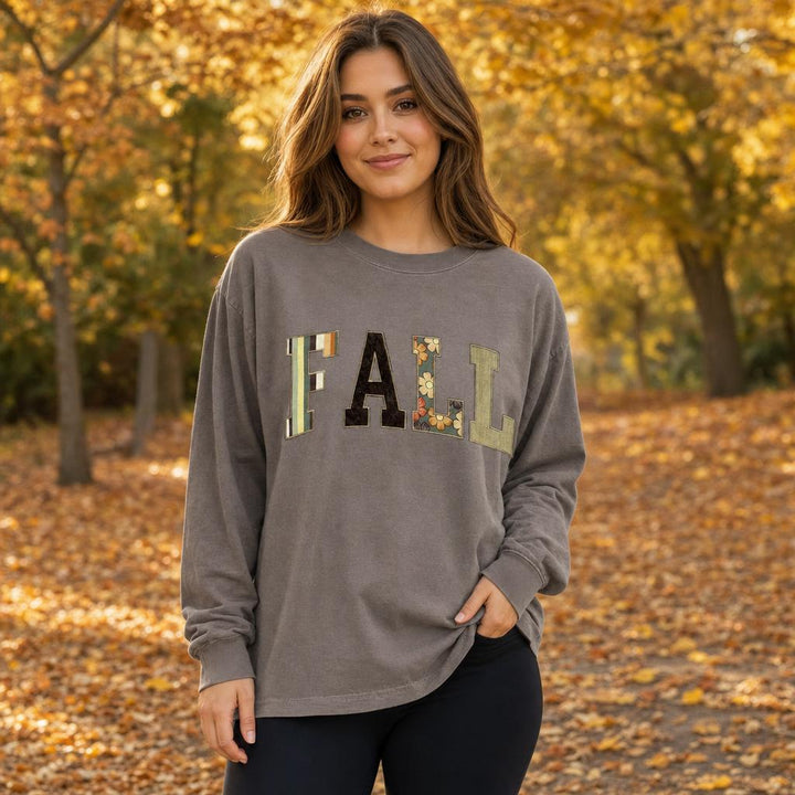 Fall Varsity Applique Comfort Color Long Sleeve Tee